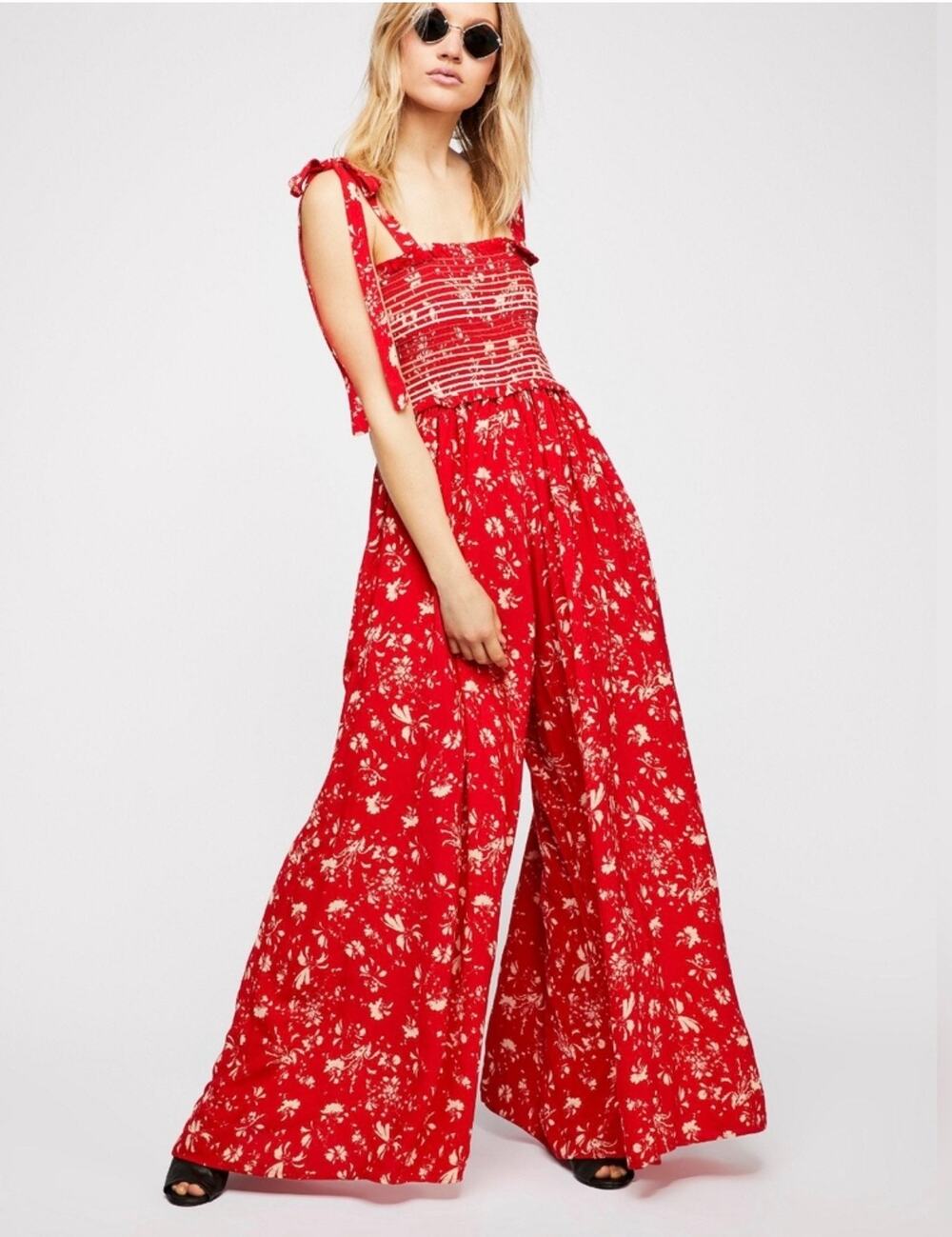 Free People Colour My World Jumpsuit Red Floral Large Summer Festival Resortwear